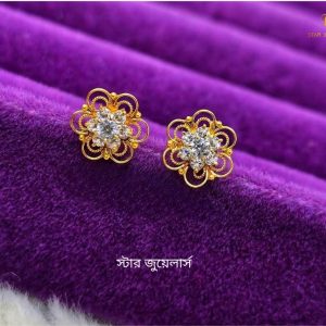 Solid 18K Hallmarked Gold Double Bunker Ear Tops & nose pin  Diamond Type-C Stone