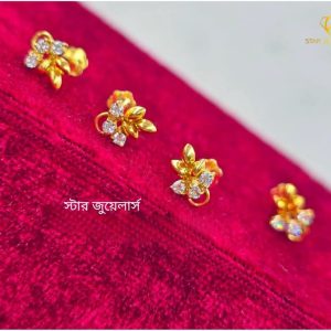 Solid 18K Body Hallmarked Gold 3 Stone Flower Nose Pin & Ear Tops